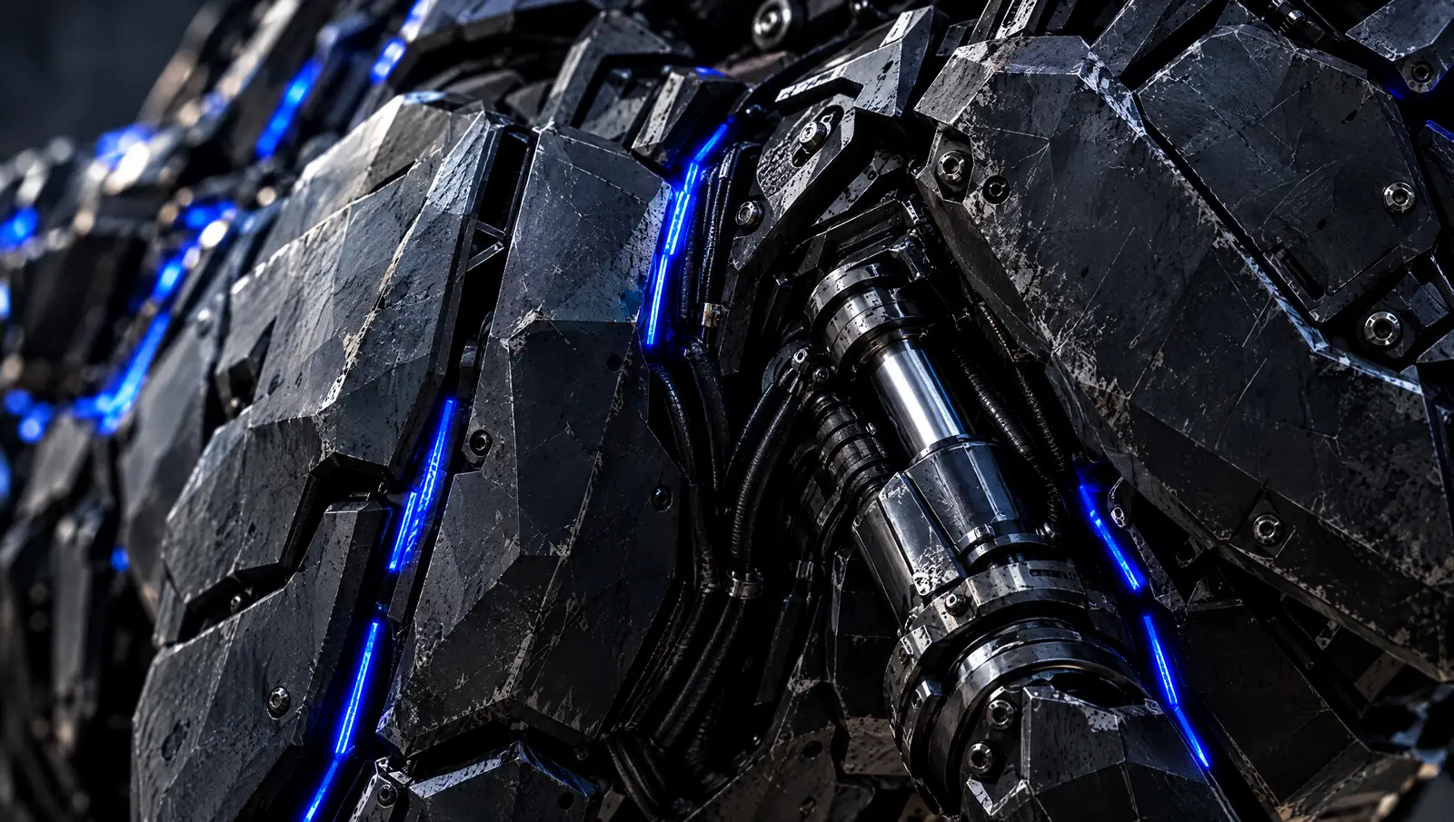 Close up of dark armour plates with blue light along the seams