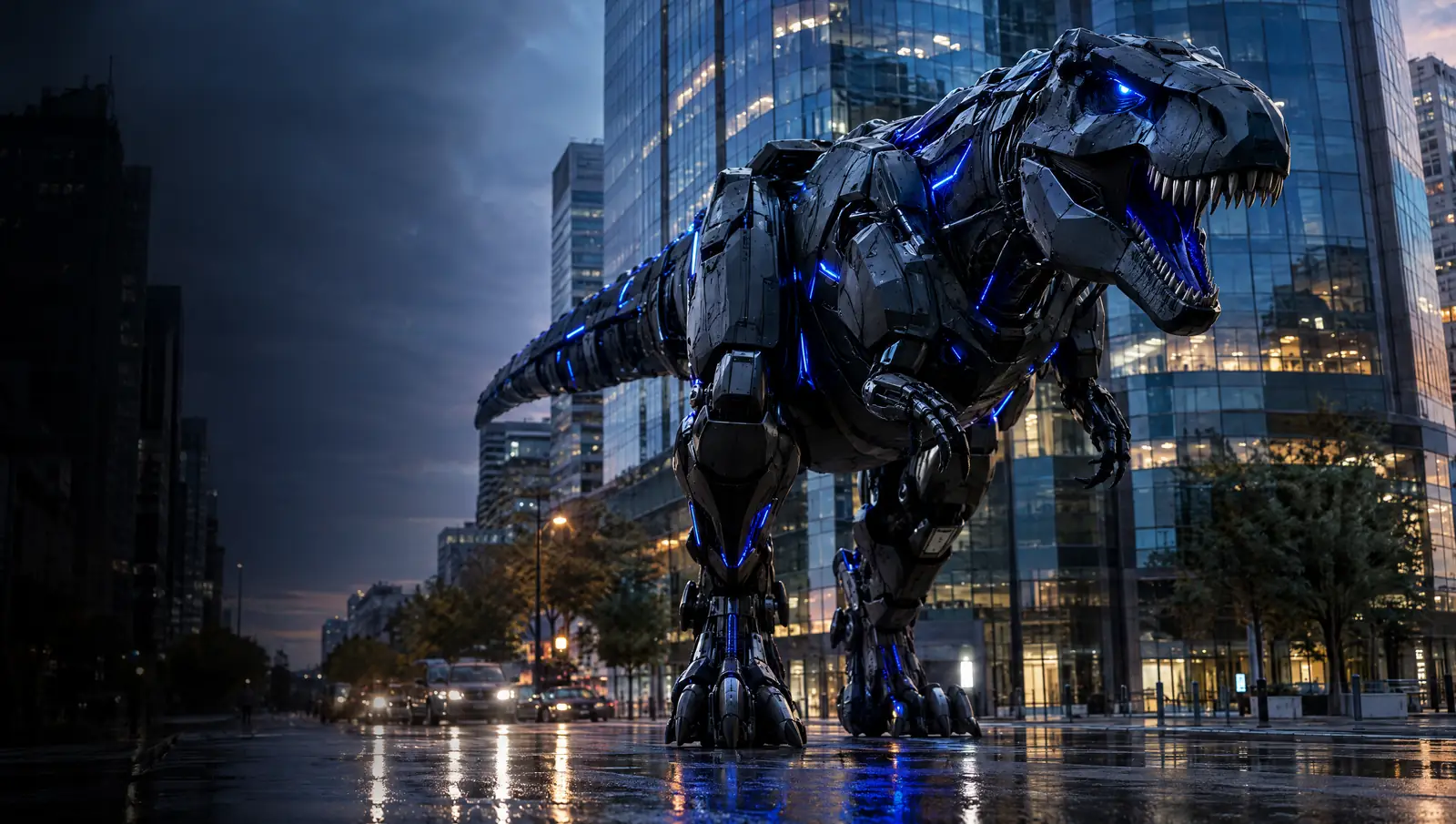Armoured robotic T-rex walking through a city street at dusk