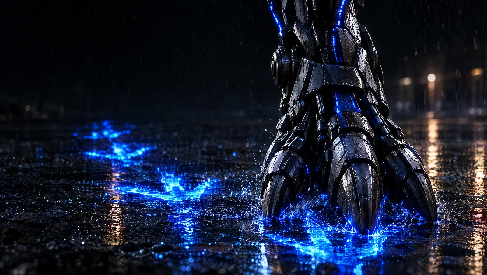Armoured robot foot leaving glowing blue footprints on wet ground