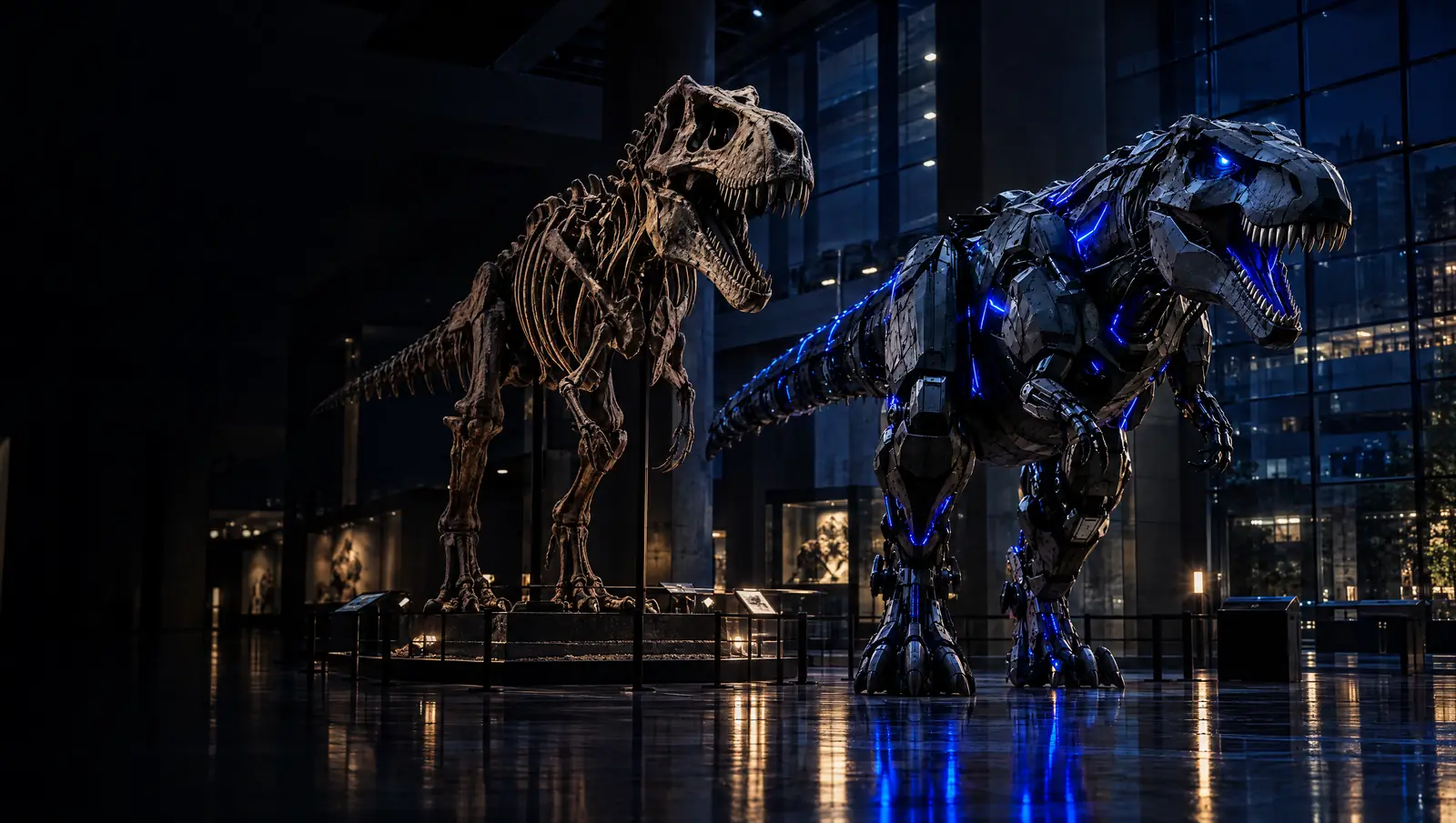 Robotic T-rex standing beside a fossil T-rex skeleton in a museum