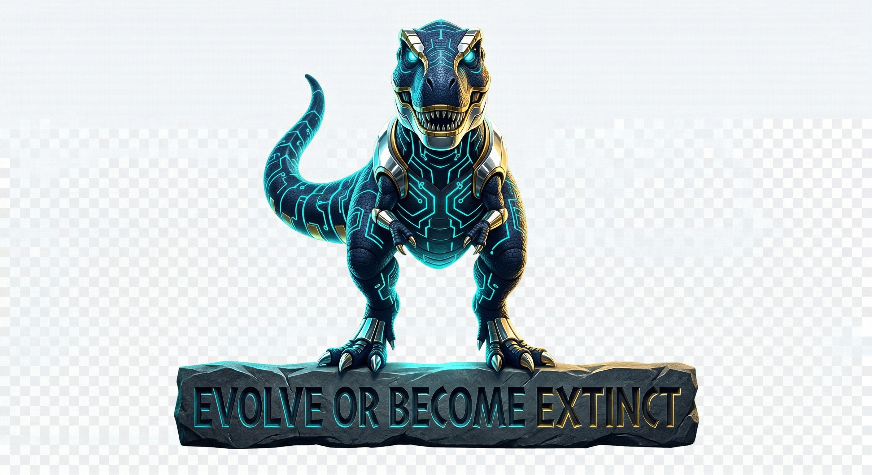 AEO-REX mascot — futuristic cybernetic dinosaur, Evolve or Become Extinct
